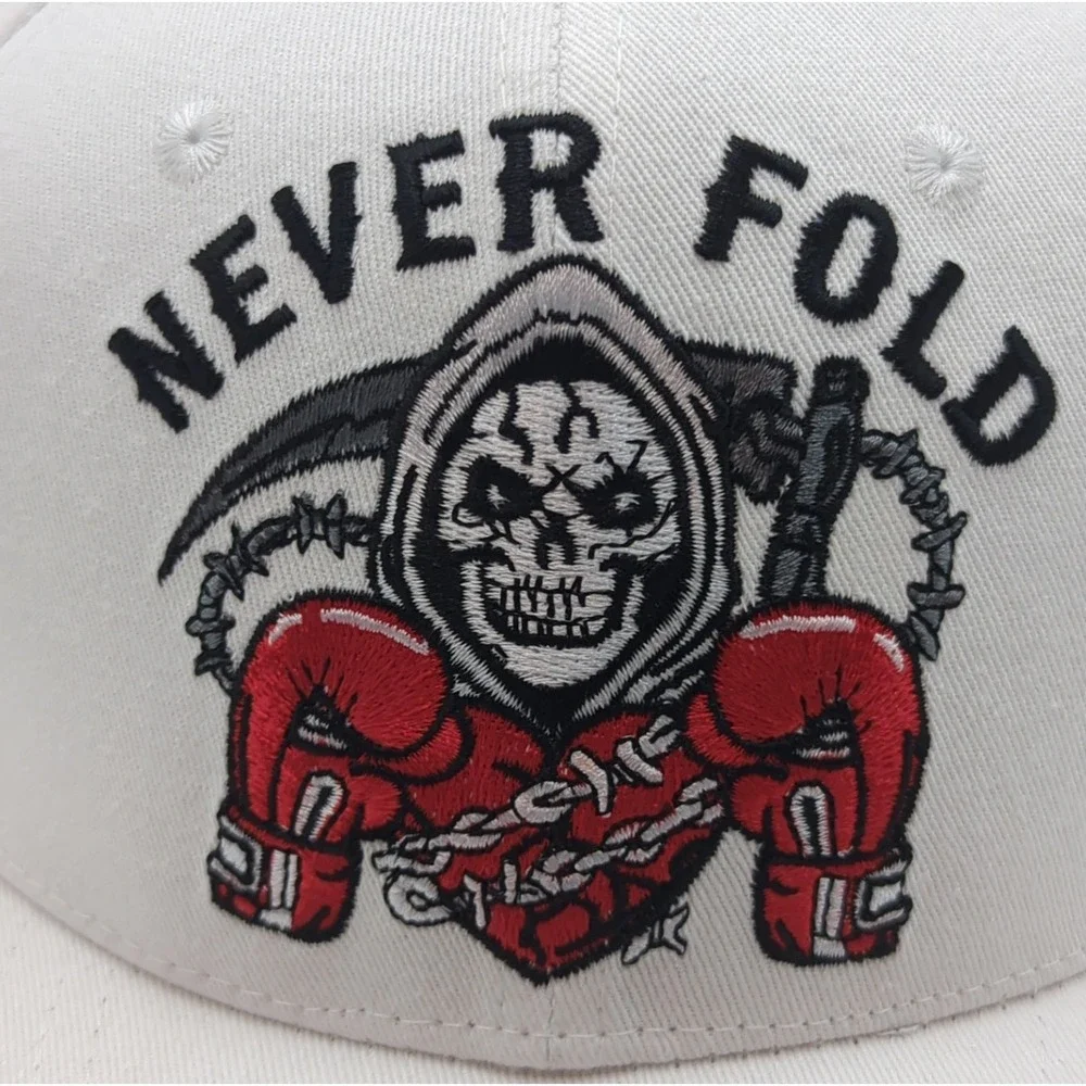 Blackjack Never Fold Grim Reaper Boxing Snapback Hat White Embroidered Cap